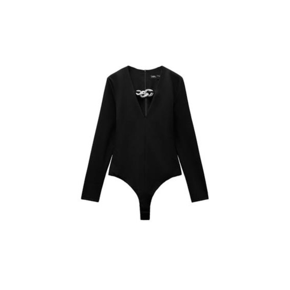 Zara Black Deep V-Neck Rhinestone Chain Bodice Long Sleeve Bodysuit Medium‎